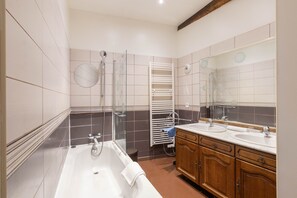 Hair dryer, towels, toilet paper