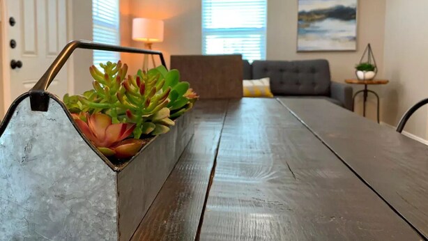 Un salon avec une table à manger en bois, un canapé gris et un divan gris. Une plante en pot est posée sur la table.