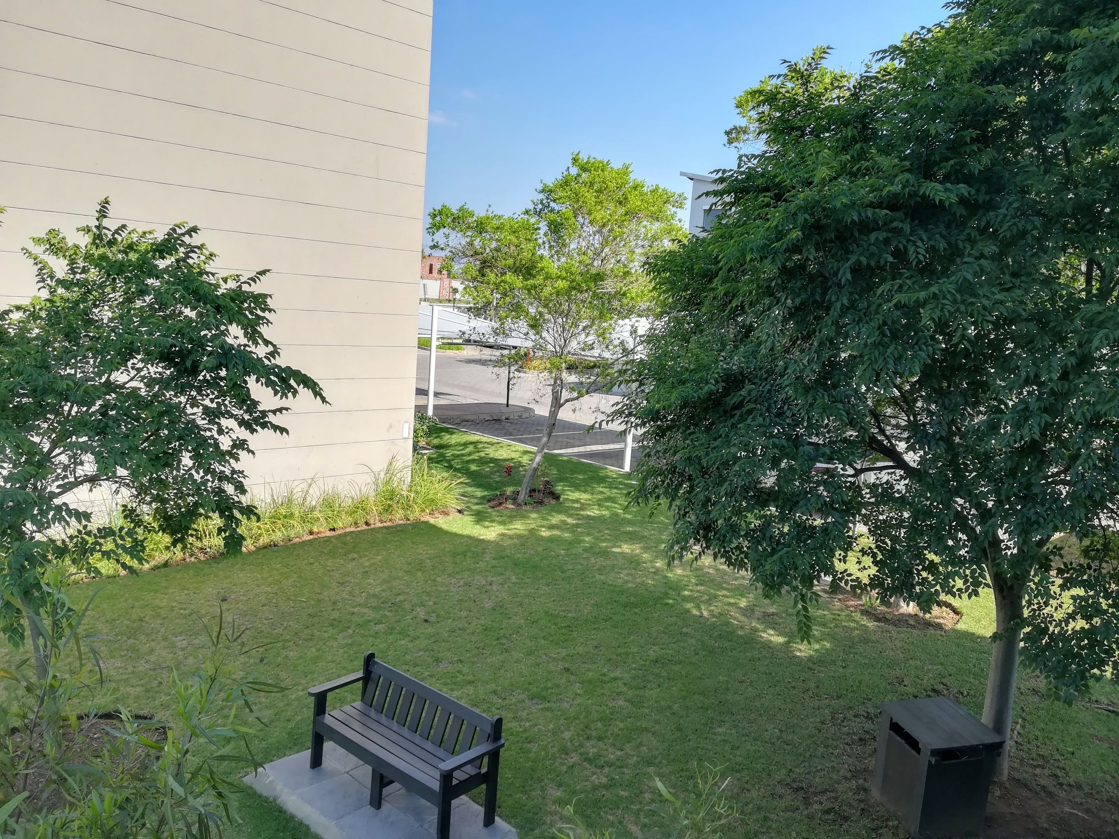 A grassy courtyard with a bench and trees, a building with a beige facade, and a clear sky.