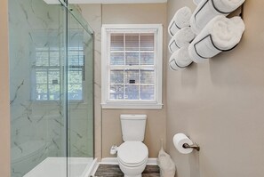 Hair dryer, towels, soap, shampoo