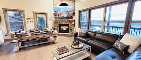 Smart TV, fireplace, books, printers