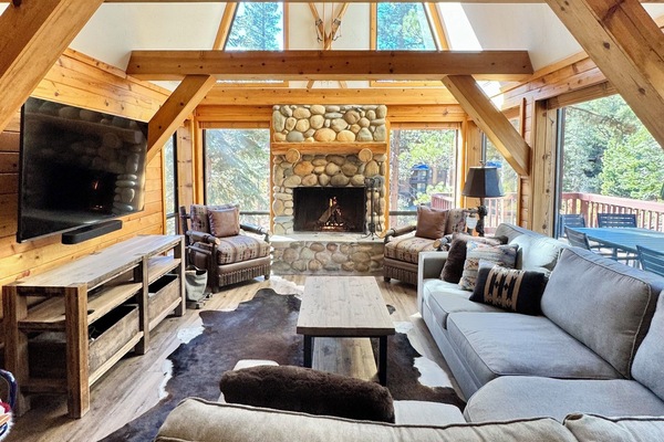 Una Smart TV, una chimenea, videojuegos, libros