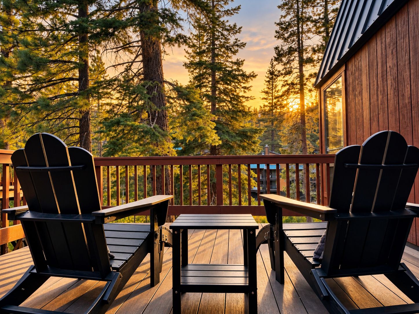 Een terras met twee Adirondack-stoelen en een tafeltje, met uitzicht op een bos met hoge bomen en een zonsondergang.