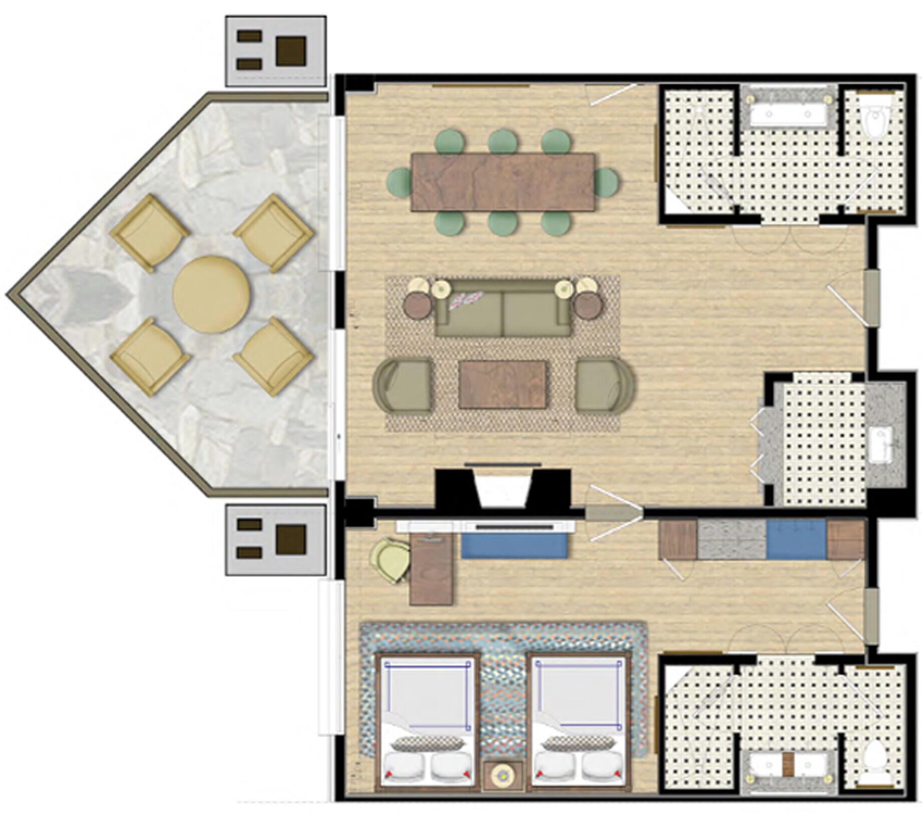 A hotel layout with a dining area, a living room, two bedrooms, a bathroom, and a small kitchen.
