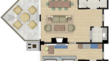A hotel layout with a dining area, a living room, two bedrooms, a bathroom, and a small kitchen.