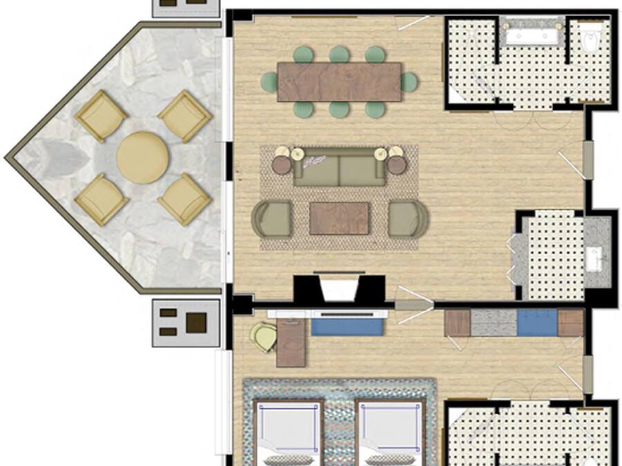 A hotel layout with a dining area, a living room, two bedrooms, a bathroom, and a small kitchen.