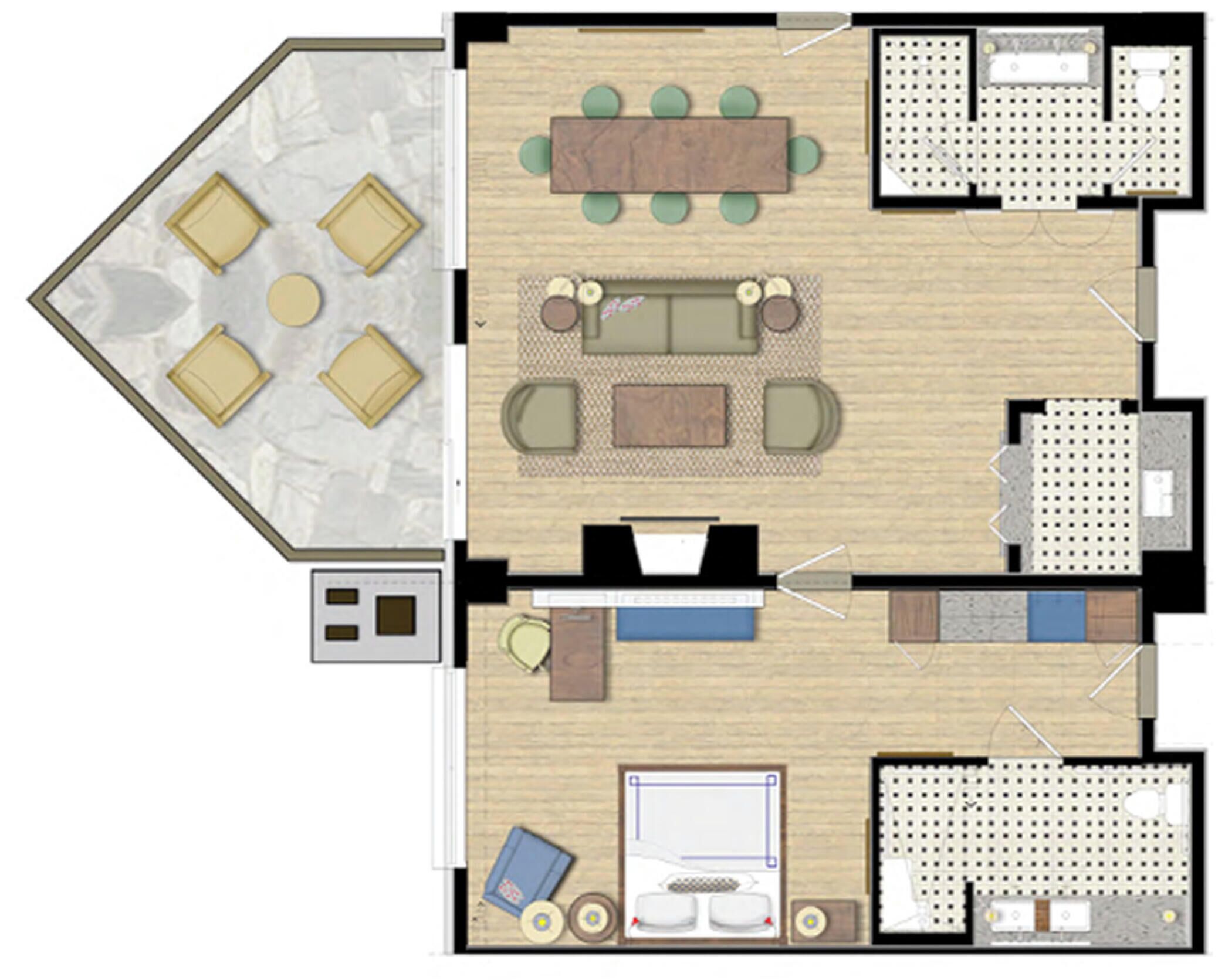 A hotel layout with a dining area, a living room, a kitchen, a bathroom, and a bedroom.