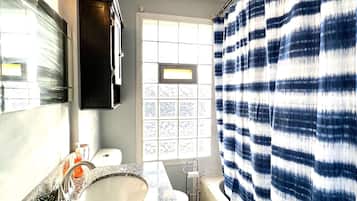 Hair dryer, towels, soap, shampoo