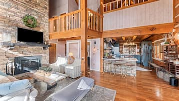 TV, fireplace, books