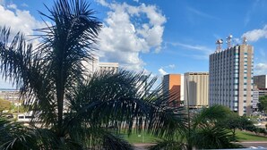 A view of a cityscape with palm trees in the foreground and modern buildings in the background. - Saint Paul Plaza Flat Particular (Brasília)