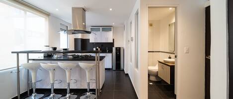 Fridge, microwave, stovetop, toaster