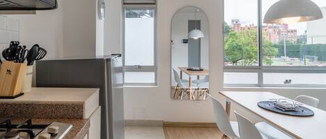 Fridge, microwave, stovetop, toaster