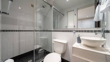 Regadera, secadora de cabello, toallas