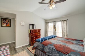 1 bedroom, desk, iron/ironing board, travel cot