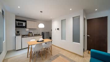 Fridge, microwave, stovetop, toaster