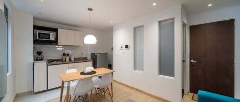 Fridge, microwave, stovetop, toaster