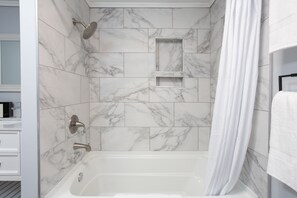 Hair dryer, towels, soap, shampoo