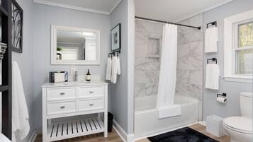 Hair dryer, towels, soap, shampoo
