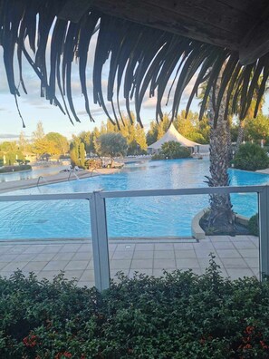 Ein Schwimmbecken mit Holzterrasse und Liegestühlen, umgeben von viel Grün und einer Palme.