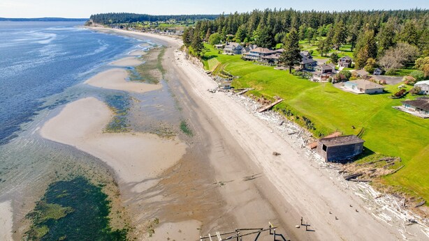 Una propiedad costera con playa, casas y zona boscosa.