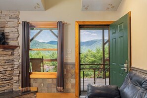 Una habitación con chimenea de piedra, una ventana con cortinas, una puerta verde y un sofá de cuero.