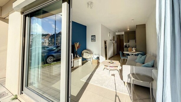 A modern apartment with a glass door leading to a balcony, a living room with a sofa and coffee table, and a kitchen area.
