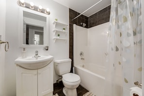 Hair dryer, towels, soap, toilet paper