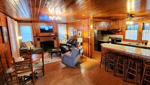 A cozy cabin interior with a living room, fireplace, bar area, and kitchen. - Roddy's Roost Lakefront Cabin - Hot Springs AR
 (Hot Springs)