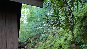 A wooden structure with a staircase leading to a deck surrounded by lush greenery and moss-covered rocks. - Peaceful Smoky Mountain Cabin Near Cades Cove (Townsend)