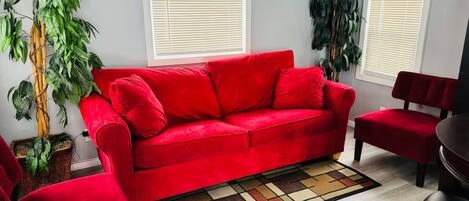 Ein rotes Sofa in einem Zimmer mit zwei Fenstern, einer Pflanze und einem gemusterten Teppich.