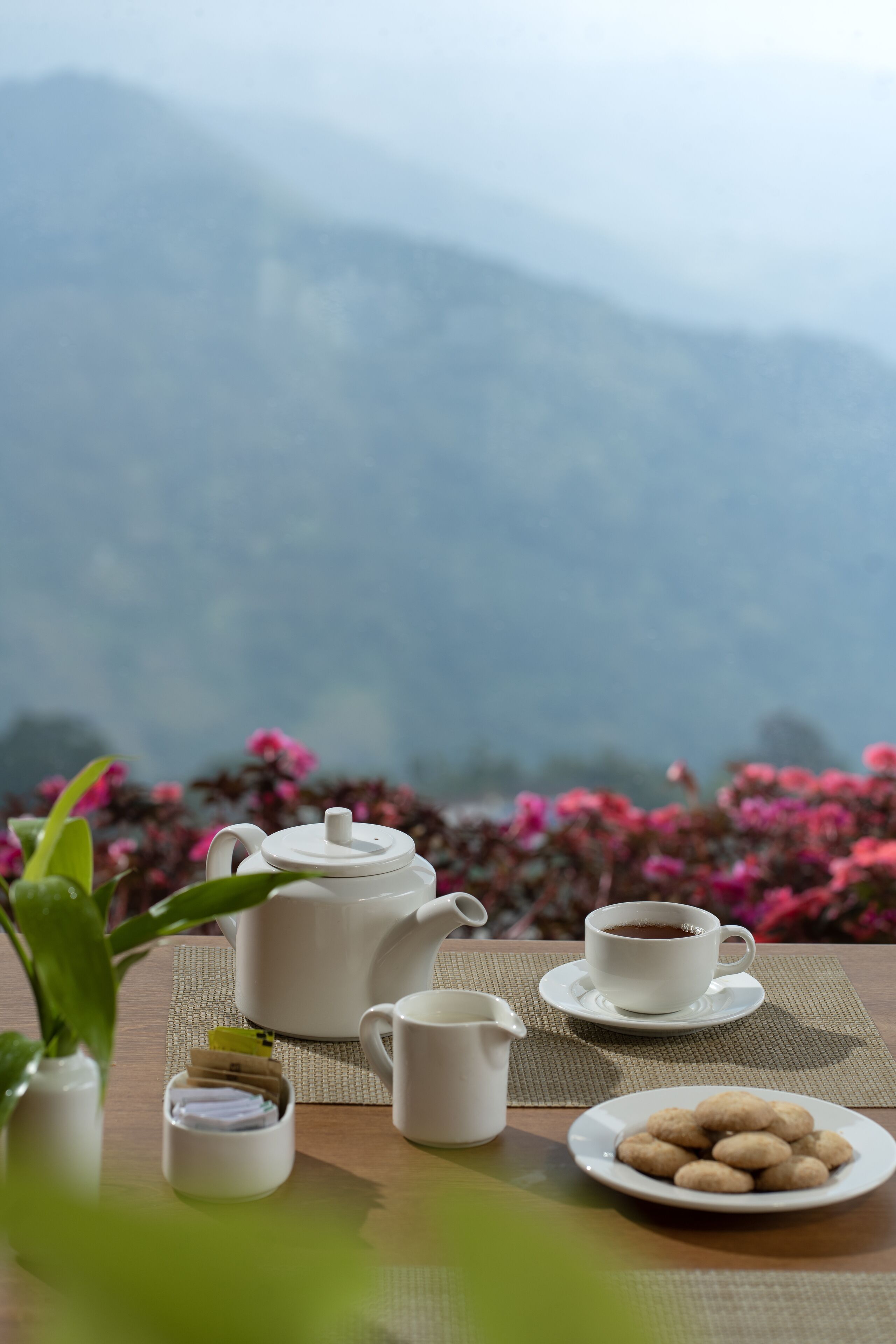 A table with a teapot, cups, a pitcher, and a plate of cookies, set against a backdrop of mountains and pink flowers.