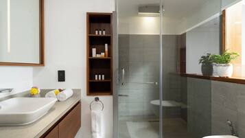 Une salle de bain moderne avec une douche à l’italienne en verre, un meuble-lavabo en bois et un grand miroir.