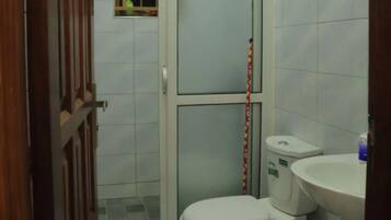 Shower, towels, soap, shampoo