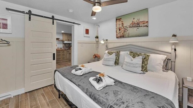 Une chambre à coucher avec un lit, un ventilateur de plafond, un tableau et une porte.