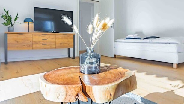 A modern living room with a wooden coffee table, a glass vase with dried plants, a flat-screen TV on a wooden cabinet, and a white sofa. - SMS-Homes I Timeout at the Alpsee-Lake (Immenstadt im Allgäu)