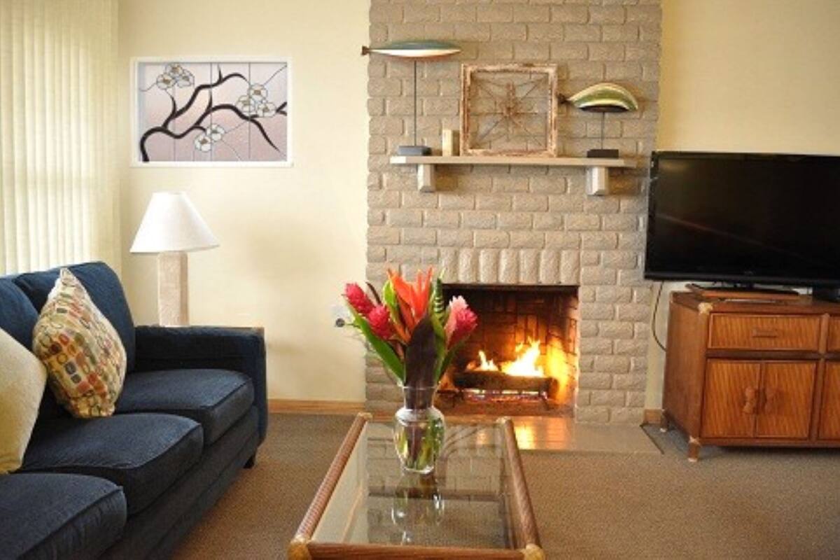 Een woonkamer met een metselwerk open haard, een bank, een salontafel met een bloemenvaas, en een televisie op een houten kast.