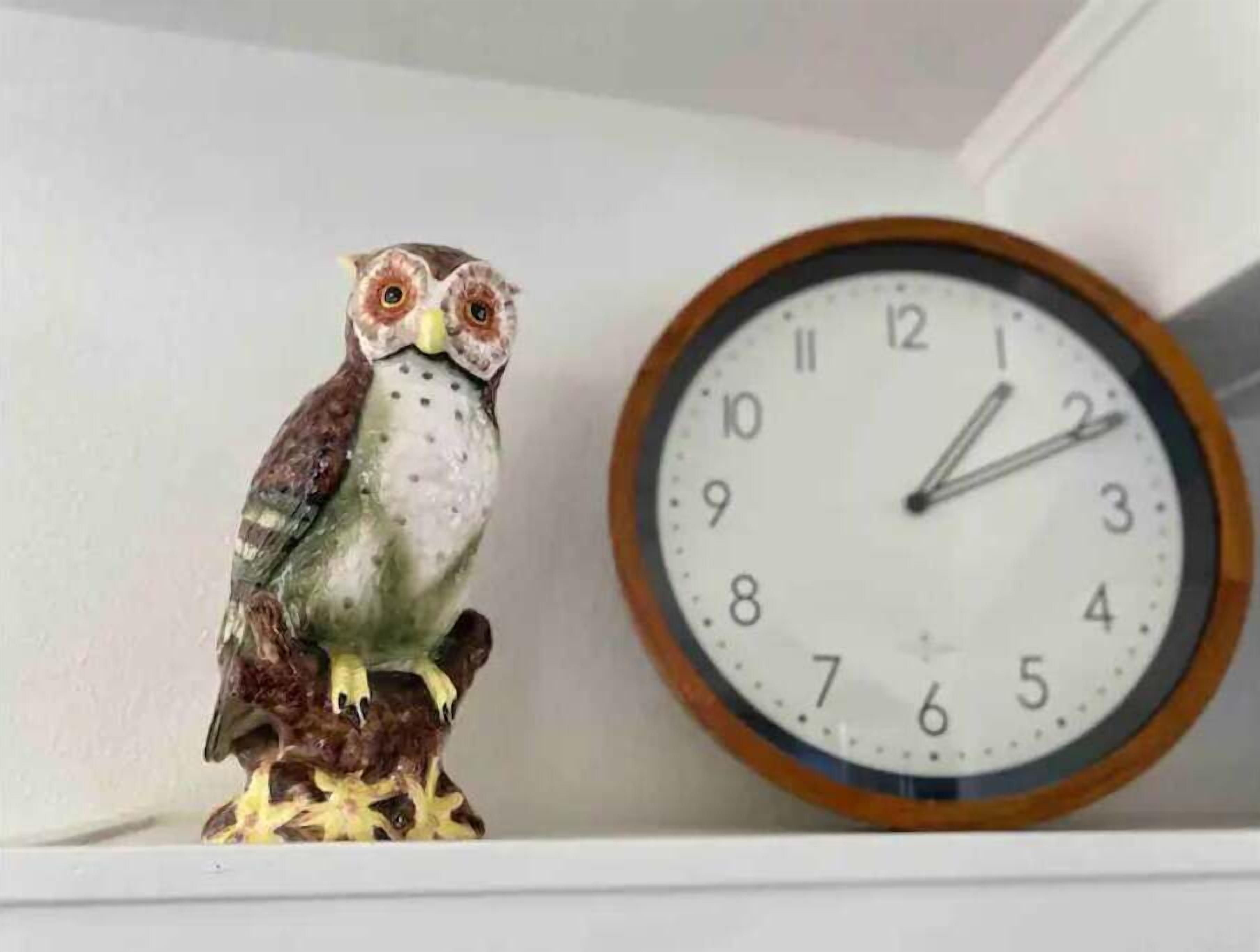 A wall-mounted clock with a wooden frame and a white face, next to a ceramic owl figurine perched on a decorative base.