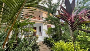 A tropical garden leading to a two-story building with a balcony. - Gaia Villas (Nungwi)