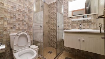 Un baño con cabina de ducha, inodoro, lavamanos y un espejo sobre el lavamanos.