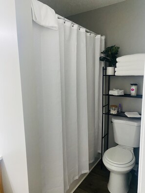 Sèche-cheveux, serviettes fournies, savon, shampoing