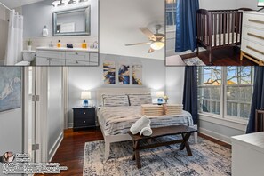 5 habitaciones, escritorio y tabla de planchar con plancha