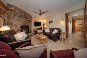 TV, fireplace - Riverside Ground-Level Condo in Funky Fraser. (Fraser)