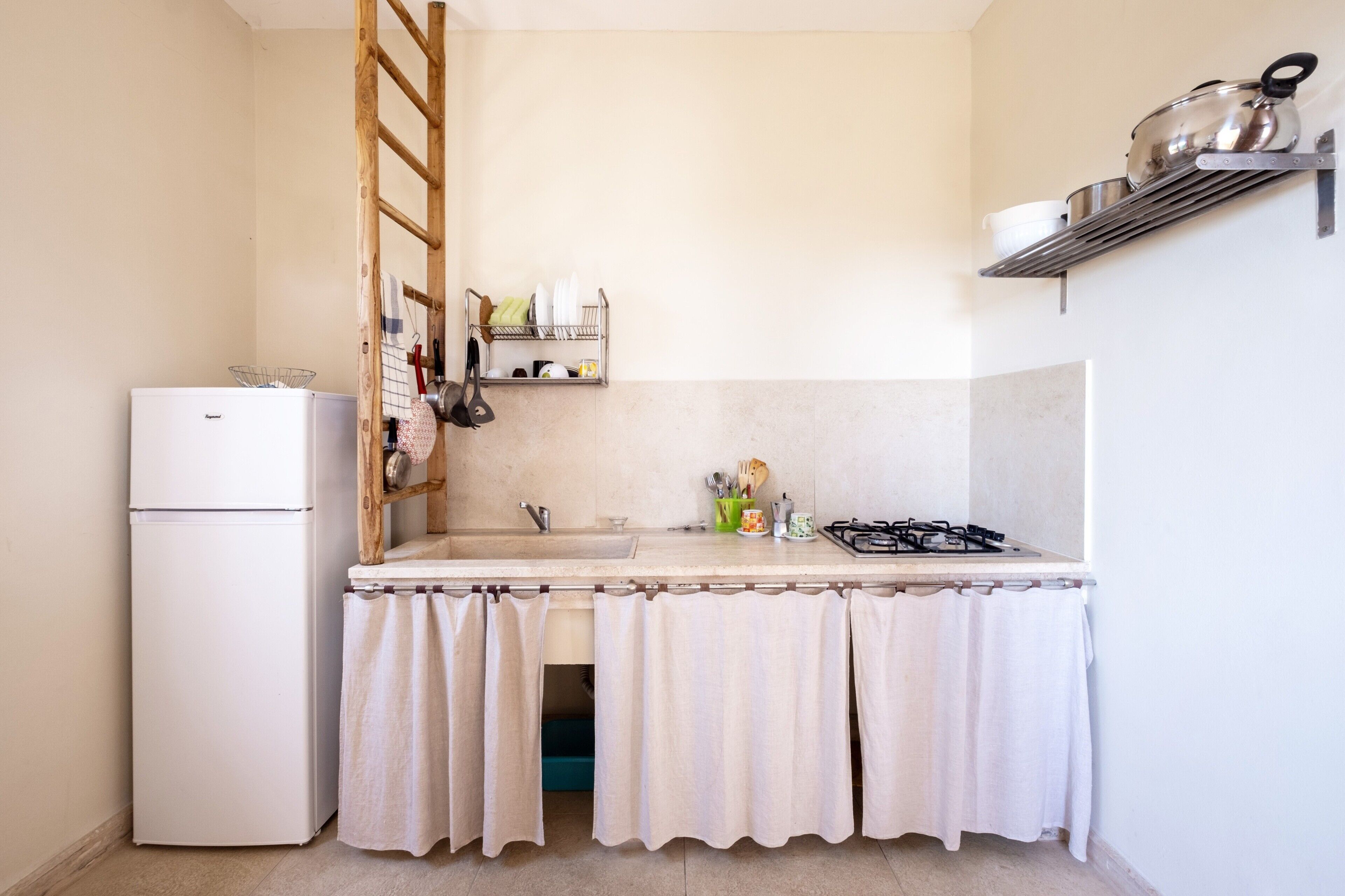 Fridge, stovetop, cookware/dishes/utensils