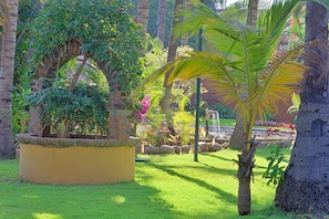 Un jardin luxuriant agrémenté d’une arche en briques, de palmiers et d’une grande variété de plantes.