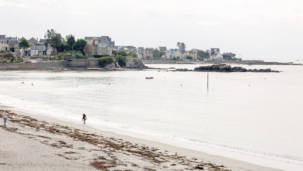 Een kuststrand met huizen op de achtergrond, een zandstrand en rustig water.