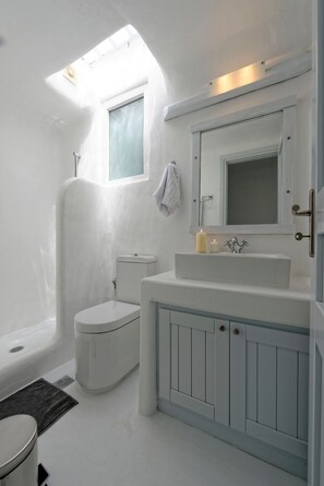 Un baño con tragaluz, inodoro, lavamanos y espejo.