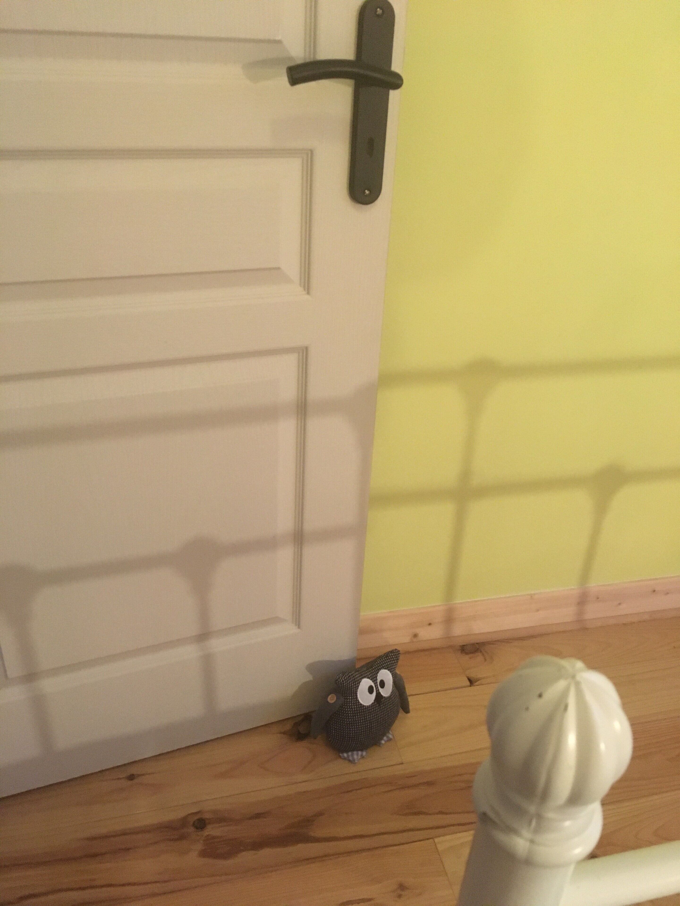 Un plancher en bois, une porte blanche avec une poignée noire, et une petite figurine de hibou posée sur le plancher.