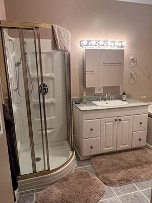 Shower, jetted bath, hair dryer, towels