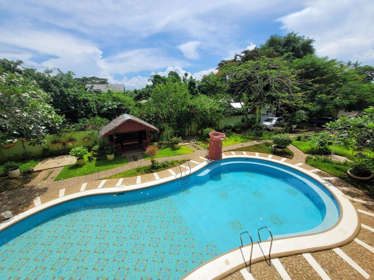 A swimming pool with a curved edge, surrounded by a garden with various plants and a small structure.