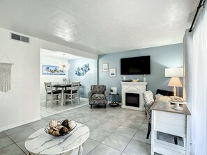 TV connectée, cheminée, lecteur de DVD, livres